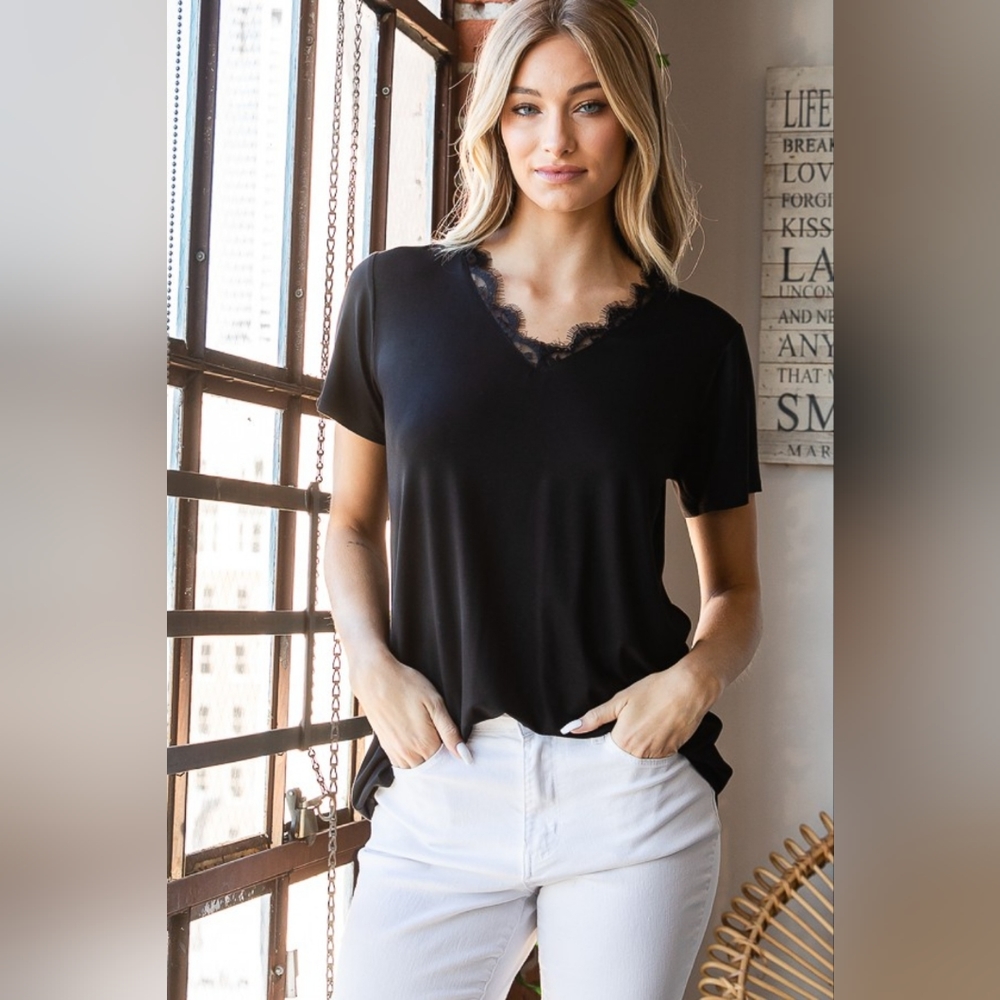 Heimish Lace Detail V-Neck Short Sleeve T-Shirt SALE 20% OFF - Picture 1 of 7